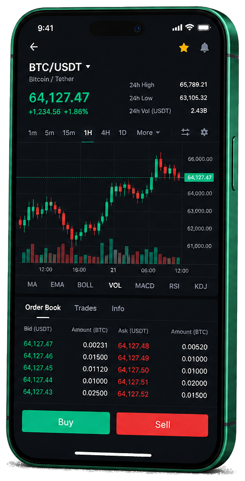 Stock Maximum Pro 行動交易平台 — 即時 BTC/USDT 圖表、訂單簿及買賣介面